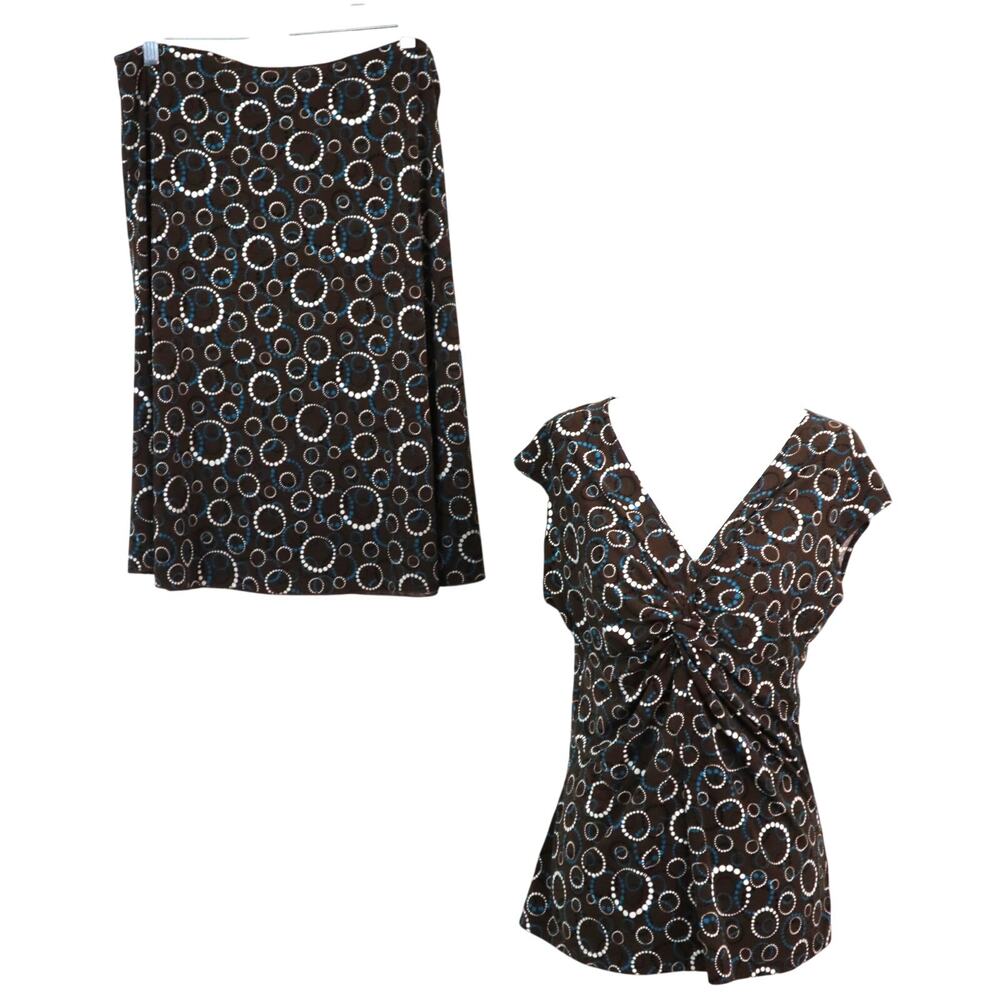 Vintage 90s Y2K Brown Blue Skirt Set 2 Piece Polka Dots Knot Front Boho Fairy